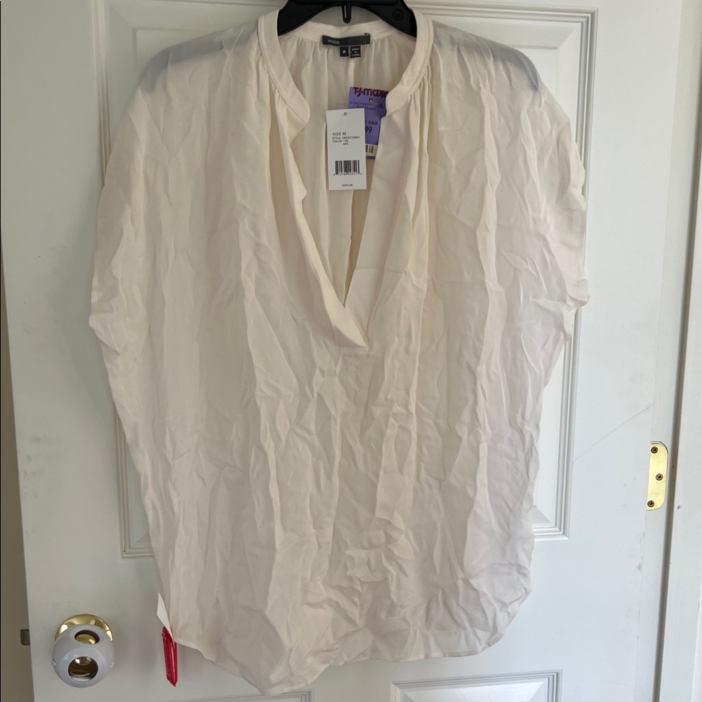 Vince 100% Silk Cream Split-Neck Blouse | Dolman Sleeve | Size M | Spring